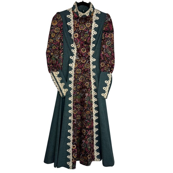 VTG RARE 1969 Gunne Sax California Green Floral Renaissance Maxi Dress Cottage - Picture 2 of 13